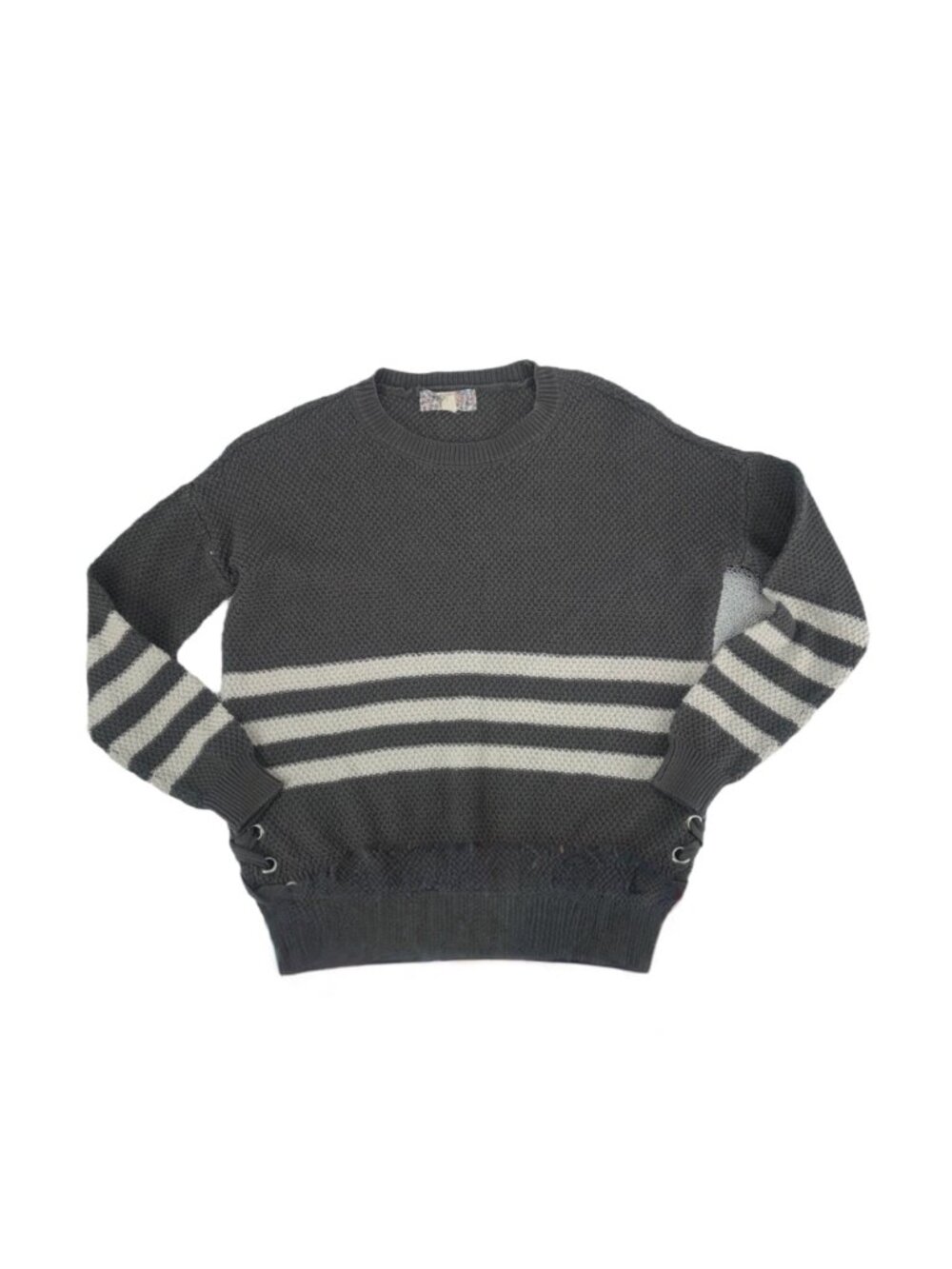 Pink Republic Sweater XS Grey Stripe Lace Up Side Honeycomb Knit Y2K Loungewear - Picture 6 of 7